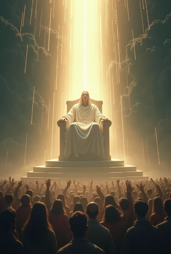 Generate a white throne, great and very high in the sky, Jesus is already sitting on the throne with his face covered in light and below him angels with wings prostrate in front of the throne with their faces on the floor