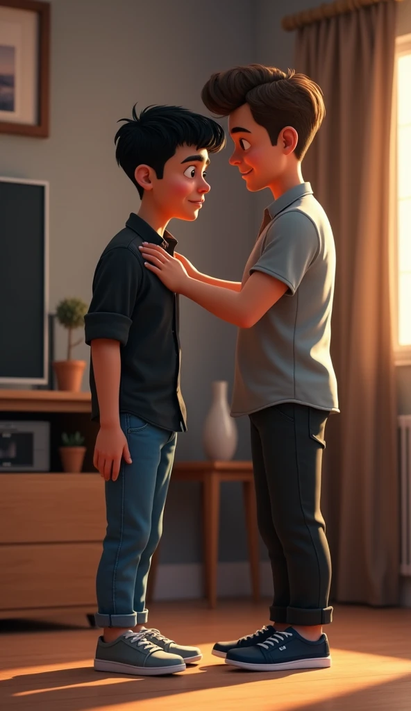 carlos (30 years old), man in his 30s, short straight black hair, white, dark brown eyes, thin, blue jeans, black button-up shirt, gray sneakers, head down sadly, in at house, being comforted by his friend Marcos (35 years old), man around 35 years old, short curly light brown hair, dark brown, dark brown eyes, black pants, gray shirt, dark blue sports shoes, who placed his hand on his shoulder and smiled kindly  (Masterpiece: 1.2, Best Quality), cartoon (Very Detailed CG Unity 8k wallpaper, Masterpiece, Best Quality, Ultra Detailed, Best Shadow), (Detailed Background), (Cute Smiley Face, Cute Detail Eyes), High Contrast, (Best Lighting, Extremely Delicate and Beautiful), ((Caustic)), Dynamic Angle 
