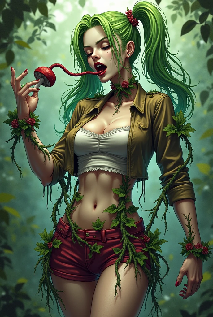 (masterpiece, best quality:1.2), <lora:poison_ivy_(batman_arkham_knight):.9>, poison ivy (batman arkham knight), 1girl, solo, navel, breasts, red hair, flower, hair flower, plant, cleavage, hair ornament, large breasts, short hair, underwear, lips, vines, panties, makeup, thighs, thorns, closed eyes, water, lily pad, lying, partially submerged, sleeping, closed mouth, outdoors