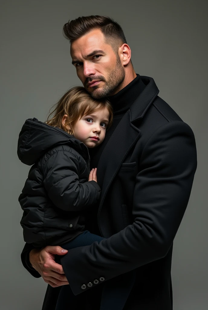 Side view of full body image of Handsome hot very muscular light bearded muslim gym hunk stud wearing tight black compression shirt and tight black jeans and black sports shoes with black socks is tightly hugging and kissing a cute slim fair young boy who is wearing only shorts 