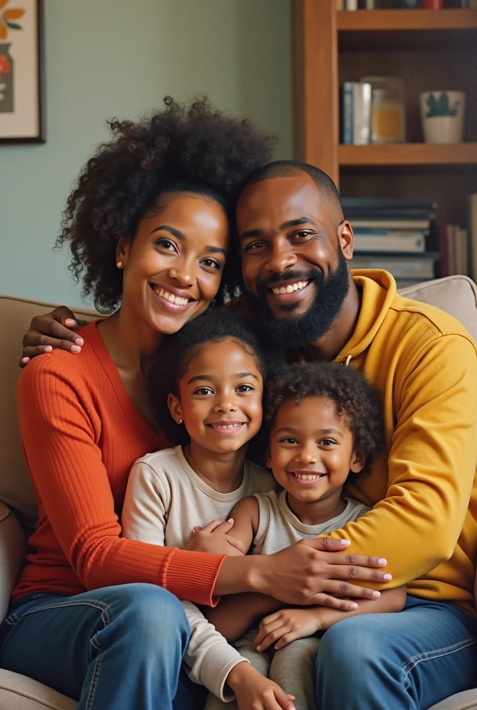 A black muscular man with his beautiful caucasian wife seat in a family sofa inside a beautiful house, a female toddler by the side of his wife and teenager girl on his left seating and his two sons are standing behind the sofa , one of his son is older than the other