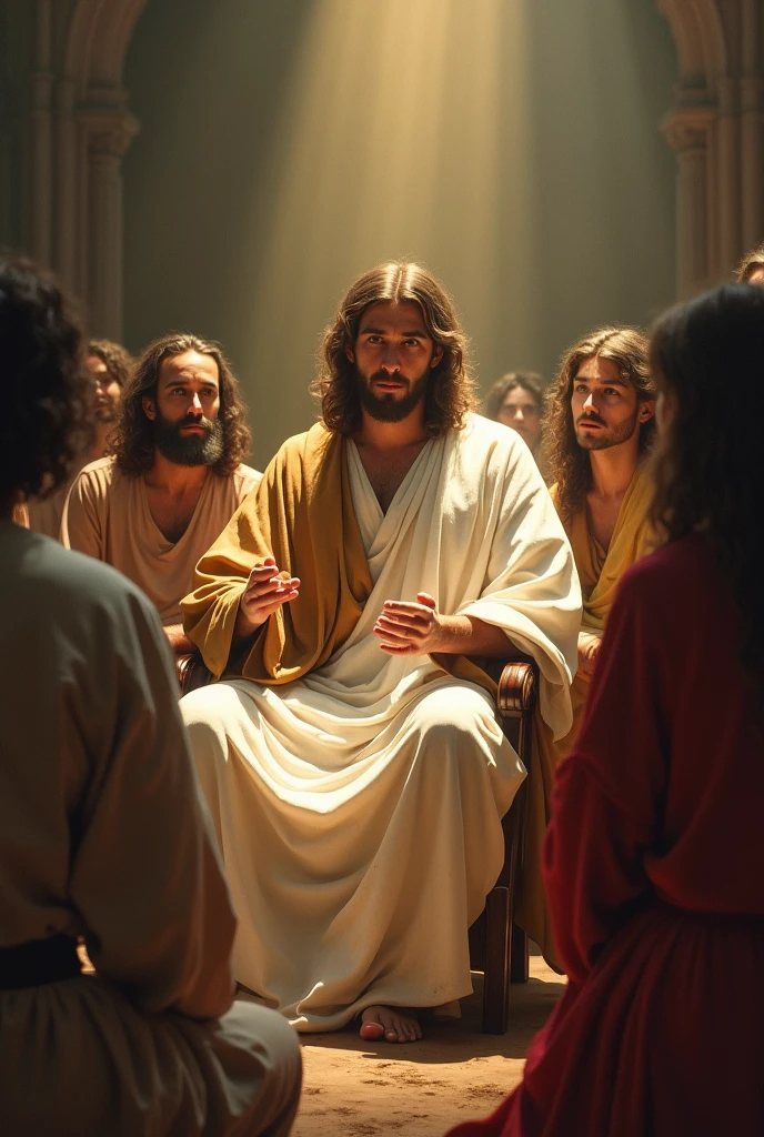 several people sitting at a large and infinite table, and God sitting on his throne, a light coming out of his face, realistic image, high quality