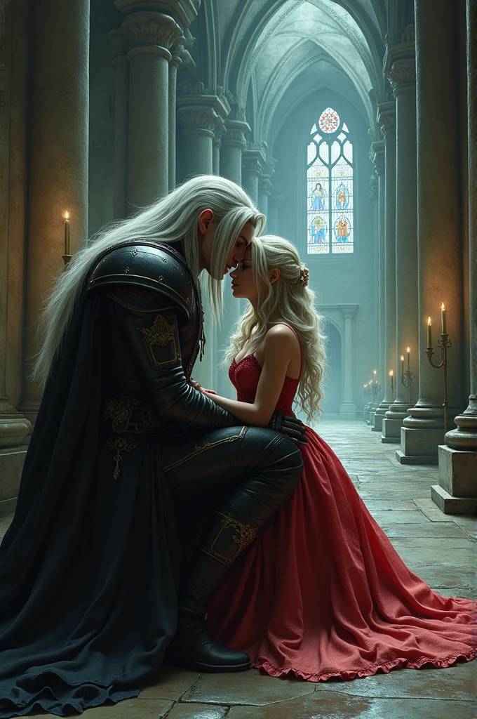Make a young woman with white hair and purple eyes, pale white skin She is very beautiful and attractive, her features are delicate and sexy, your body has attractive curves, she is short
she is naked.
next to her is a man, he is lord of a house, of the nobility, very tall, white hair far away, he is very handsome, attractive and hot.
she is half naked.
they are in a medieval room, from the middle ages