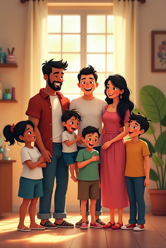 Laughing mother with long black hair chubby brunette,next to her black-haired husband with glasses smiling on her lap at her smiling happy black-haired son