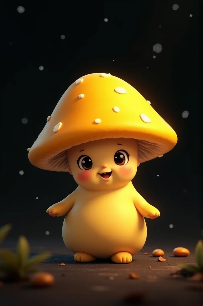 A photorealistic Mushroom character, orange cap, yellow polka dots, cream colored body, cute, fluffy, small eyes and mouth attached to the body