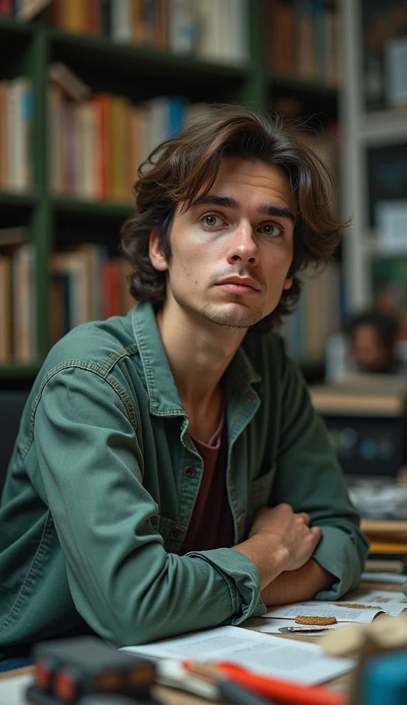 Young man , face perfect, honey eyes , skinny sexy , wearing no shirt, muscular straight rebellious hair, is sitting at the table, reading a book, in my kitchen in the favela , dirty poor kitchen, falling apart, young student