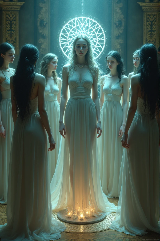 ((Night)) ((a deserted lake)): Three ethereal vampire women, **(full body)**, one brunette, one blonde, and one redhead, each with pale, **(pale skin)** and bared fangs. Draped in **(sexy pale see-through nightgowns)**, they rise out of the lake, their **(long, flowing hair)** soaking wet. This scene is captured in a **(style of a painted book illustration)** with **(dramatic lighting)**. By the **(depth of field)**, the women are the **(masterpiece)** of this image, their **(detailed features)** becoming **(best quality)** and **(highly detailed)**.

