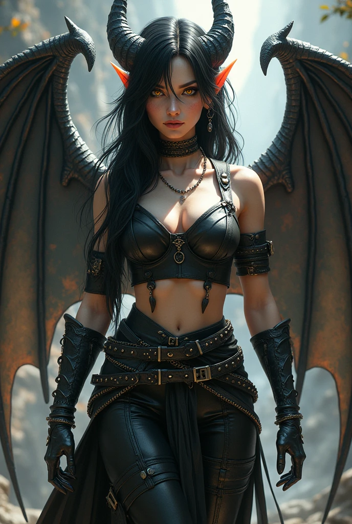 Draw FULL BODY, Irish singer Andrea Corr as a Greek Amazon from the game Dungeons and Dragons, with short hair halfway down the neck, focus on Andrea Corr&#39;s well-drawn face, fleshy lips, very blue eyes, Luis Royo style drawing, she with a short black leather bodysuit squeezing her breasts. a greek mini skirt (XENA series style) evil smile. In the background a mist next to a gargoyle. high resolution, 8k.
