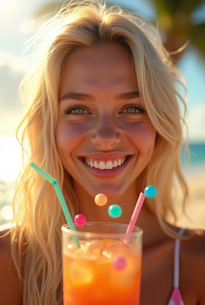 [full body shot] masterpiece, Best Quality, super rendering, anatomically correct, textured skin, super detail, high details, high quality, award winning, best quality, high resolution, 16k, 8k High Detail Face, full body shot, 1girl, Solo, 10's Beautiful German girl, long Platinum blonde hair, Single braided, Blue eyes, skin details, skin pores, very slim breasts, wearing a ocean light blue Premium Embroidered Snapback Cap, extra tight surfer clothes, extra tight shirt, nipples shine, sexy pose, white brown towel, in a beach club ,  listining to music, looking toward the viewer, with a enjoying fruit cocktail with umbrella in the hand, pear body shape, perfect hands, natural breasts, wide hips. --Sexy body --Prominent bare breasts --Detailing, full body, a lot of femininity, tempting, Dazzling, sensual pose, muse, shallow depth of field, sharp focus, flat lighting, photo realistic, best whitened teeth, gentle bright smile energetic expression 
