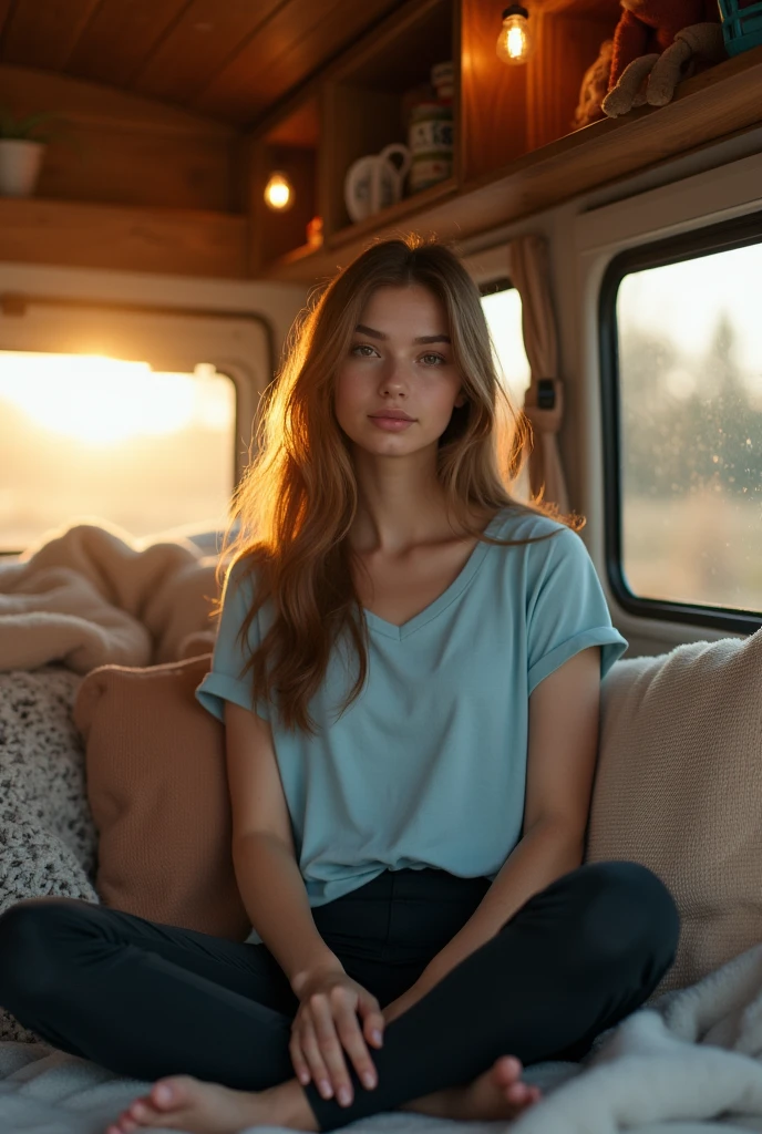 A realistic woman inside a van