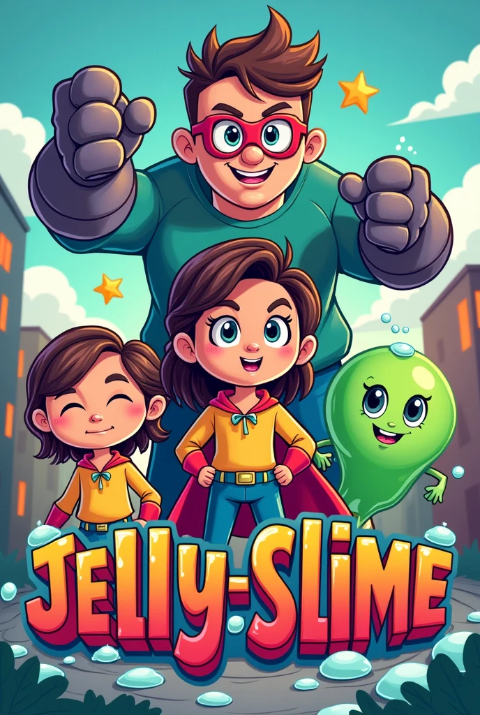 Create a cartoon of a jelly-like slime title poster about a girl who became a superhero with slime superpowers called jelly-slime who has a deaf human friend from social inclusion and a supervillain with superpowers like boogers who call himself a snot man
