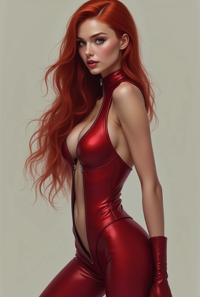 Illustration, drawing of a adult red hair woman, 30 years old, sexy, dressed with a revealing red dress. Happy look. Solid white color background. Work of art. Image with side margins. #3D, #illustration, #cinematic