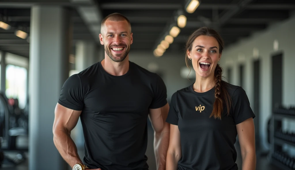 A man and a woman are inside a weight training gym. Ambos possuem corpos fortes. They are wearing an orange t-shirt. are happy and smiling. Imagem de alta qualidade, realista