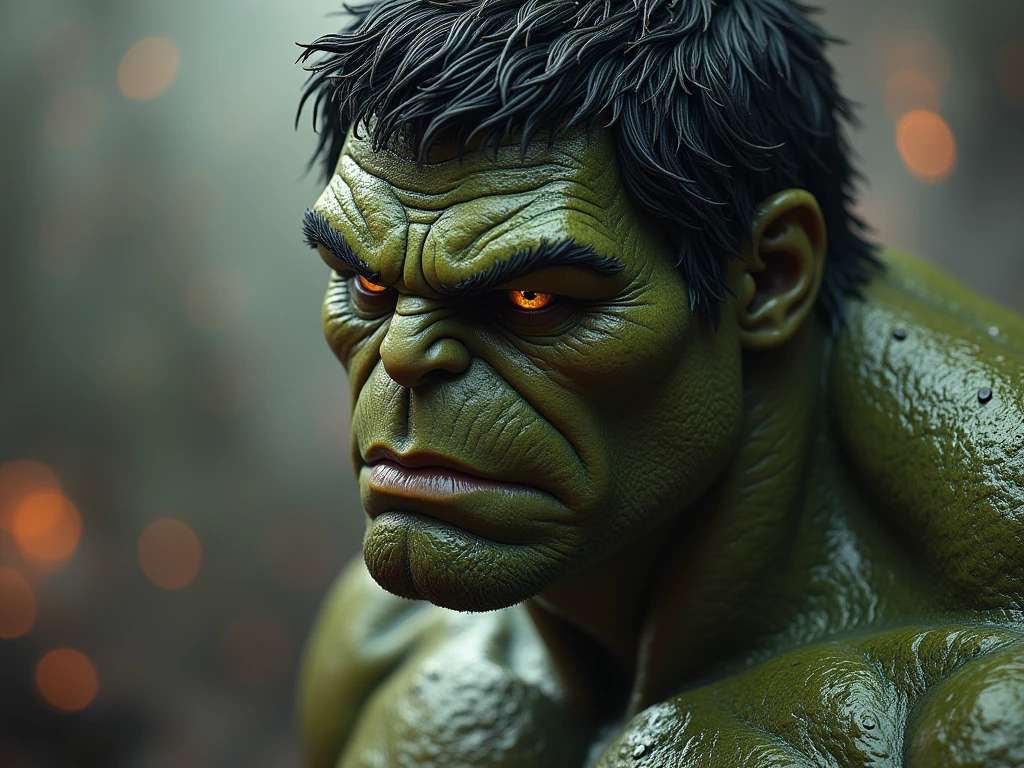 portrait of the incredibly hulk with a beard and scruffy hair looking ruff