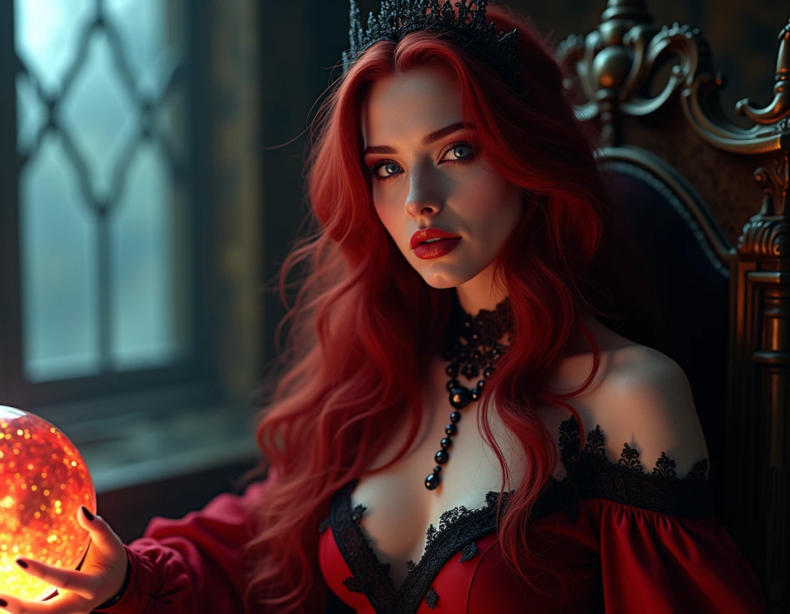An extra wide angle on a big full room 16:9,(masterpiece Quality),(insanely detailed interior design of a vampire lair in dark gothic medieval style),(royal canopy four-poster bed, black-matte velvet drapes 16k),(An ultra hot,1 female age 18),(random poses),(full body:2.0),(nude),(realistic,fine detailed ultra-thick,long, bright,vibrant,blood red,shimmering:2.0 hair),(extra large,high contrast,green:0.9, bright yellow:0.1 eyes),(extra long,thick,dark eyelashes),(blood red,plump lips),(beautiful eyes),(detailed hands,realistic long monsters claws on 5 fingers each hand:2.0)best quality body,wide hips,Big breasts, natural nipples,big ass,(glowing skin:1.2),(2 perfect legs:1.1),(Look at me),a serious, direct gaze at the camera,(best quality,16k,highres,(1 piece of stained glass window to the right,vibrant red:1.1,green:0.9 colored,detailed intricate patterns,architectural element,dark and mysterious atmosphere, night scene), flickering candlelight,medieval-style candelabrum,(rich, deep black, base color,stunning play of lowlight and shadow in the night:2.0),(all in wide room spectrum:2.0).#The entire setup is masterpiece 1:3 framed with the grandeur of royal,medieval gothic style, focus on entire room 16k#