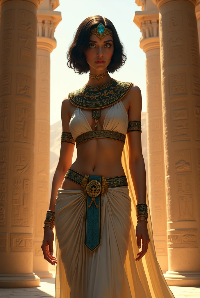 Egyptian woman, pharaoh, gold jewelry, Masterpiece,  Ultra realistic, Photo realism, standing, short black hair in braids, bobcut, cowboy shot sultry look, seductive,
