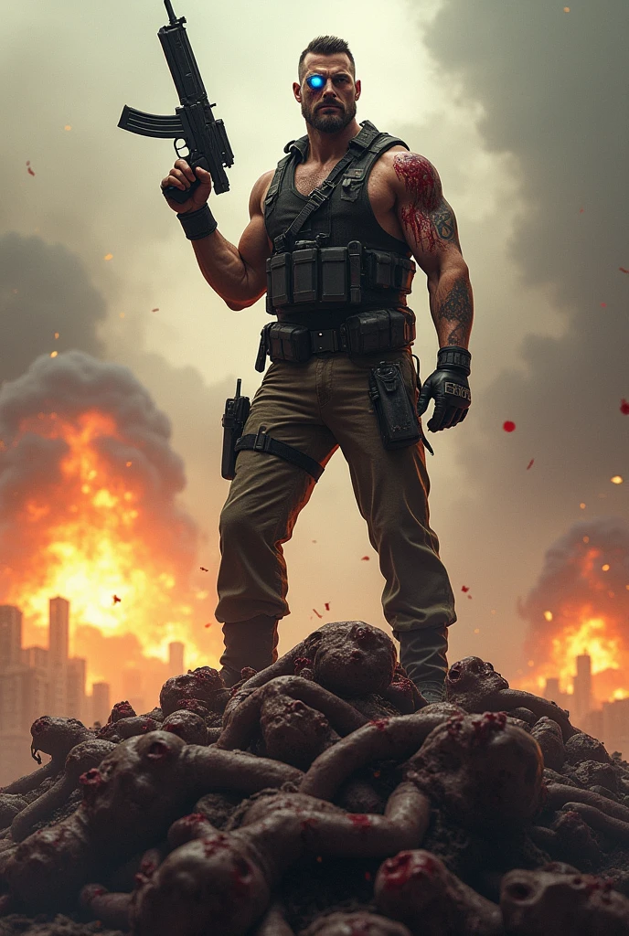 A guy with guns and swords over his shoulder, facing the sun with a back pose towards the viewer and with slight head turn, looks fiercely...
He is wearing a white T-shirt which turned red with heavy blood stains and blood dripping from multiple wounds all over his body
