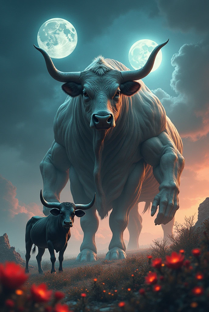 (cute, fat, obese, anthro, male, bull), standing, looking at viewer, front side view, thick thighs, nude, saggy balls, penis,smile, Above is the sky, Below are open fields, standing on a flower field, moon full, meteors, Starcloud, Far Mountain, Tree, Volumetric lighting, with light glowing, Atmospheric lighting, hires textures, highly detailed, intricate details, best quality, masterpiece, bright lighting, detailxl, zPDXL2