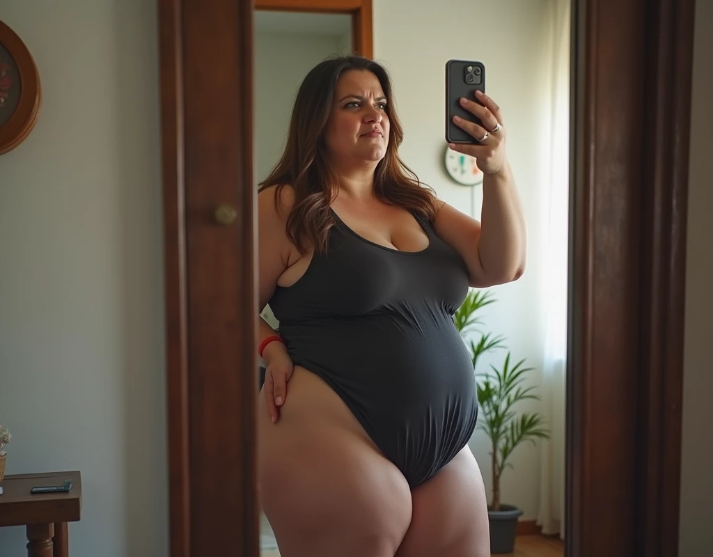 woman taking a picture of herself in the mirror in the bathroom, seen from the back, shot from the back, taken from behind, full body picture, back view!!, back view also, full growth from the back, in full growth from the back, photo taken from behind, very very low quality picture, photo from the back, centered full body rear-shot, big ass, huge ass, bbw, from behind, thick, thick thighs, wide hips, bbw, big , sideboob, giant ass, back view, big butt, round butt, tight underwear, filipina underwear halfway off, underwear taking off, grabbing ass, ass spilling over underwear, too thick for clothes, looking left, leftwards, naked, no clothes, no pants, naked, ass is uncovered