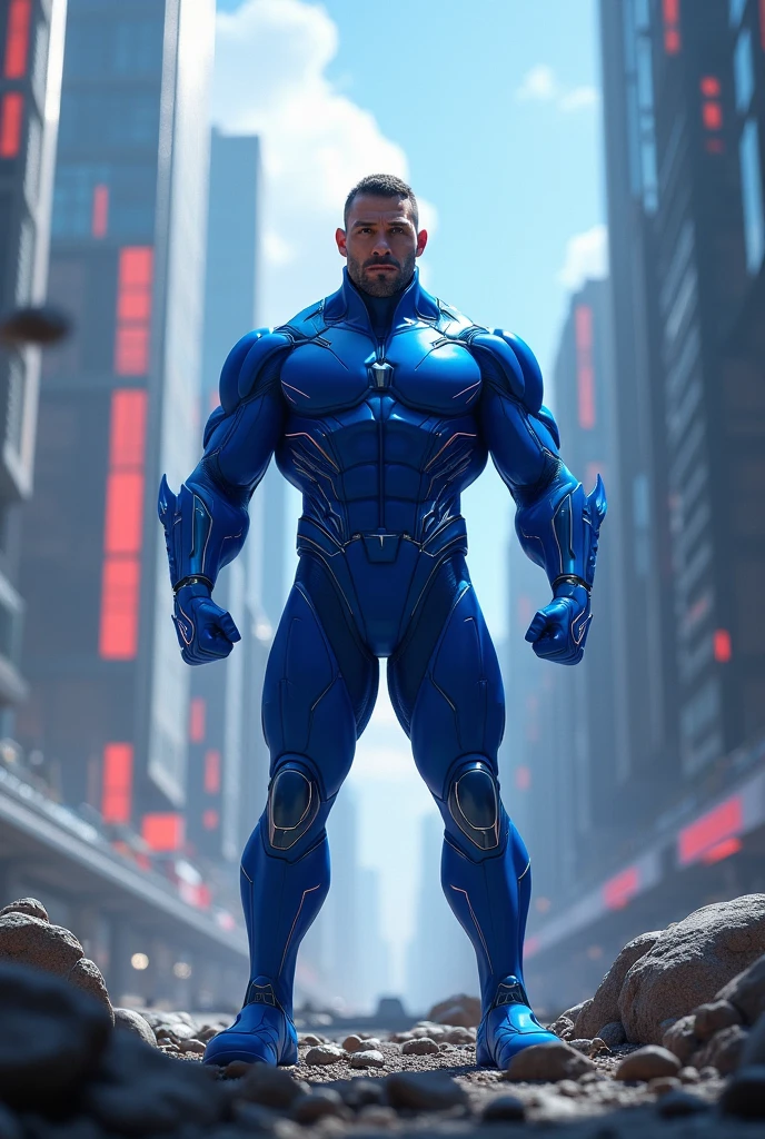 30 years old man, stubble, wearing transparent see-through futuristic clothes, breathtaking grandeur, LED internal lighting, cyberpunk style, fibre optic hair, glowing blue iris, muscular, best quality, masterpiece, intricate details, dynamic pose, dynamic angle, (surreal), (illustration), ((oil painting \(medium\):1.2)), sharp focus, soft lighting, vibrant colors, cinematic photography, dynamic angle, volumetric lighting, film grain, hard shadows