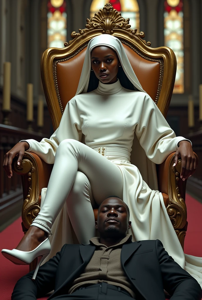Tibetan monk worshipping the feet of a dark black skin naked poeerful woman posing sensual