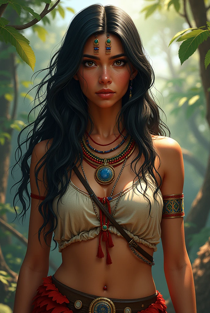 (masterpiece, best quality, high quality, highres, ultra-detail), solo, upper body, looking at viewer, detailed background, detailed face, (tribal polynesian theme:1. 1) feral jungle warrior, 1woman, Margot Robbie, orange tribal clothing, feathers, blood, protective stance, stone knife, bushes, rocks, leaves, vines, mysterious, village in the background, wildlife in the background, sunlight, cinematic atmosphere, cinematic.