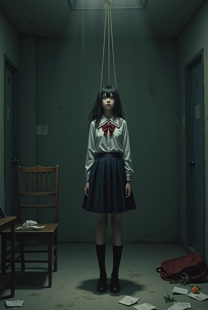 Female student wearing white knee-length skirt and socks hanged herself
