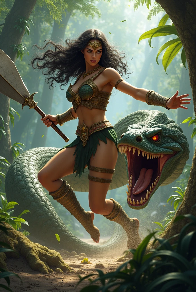 Create an epic fantasy scene featuring Aradiana Luthenkall, an Amazon warrior inspired by the face of Alexis Bledel. She is acutely focused, using her chains to hold the powerful jaws of a giant green serpent, showing immense strength and determination. The scene captures the intensity of the struggle, with the Amazon's muscles straining and the serpent's scales glistening in the light. The environment is dynamic, with motion in the background, as Aradiana stands as a powerful figure of resilience and battle prowess.