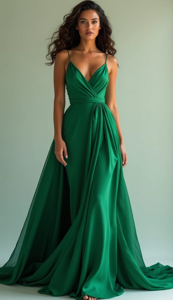 modelo loira, on a light blue photographic background, dark green long formal dress with low heels