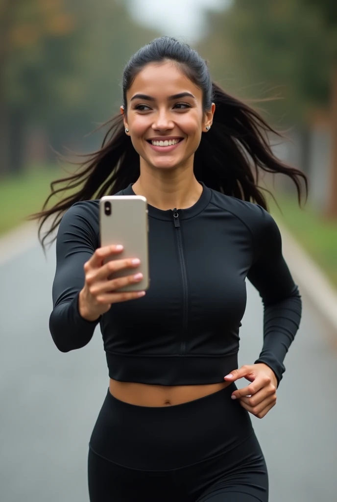 Beautiful brunette model, flirty smile , walking down a London sidewalk, gym bag on shoulder, wearing baby blue Lululemon scrunch butt leggings and grey hoodie, taking a selfie on the street with an iPhone 15 pro max at home