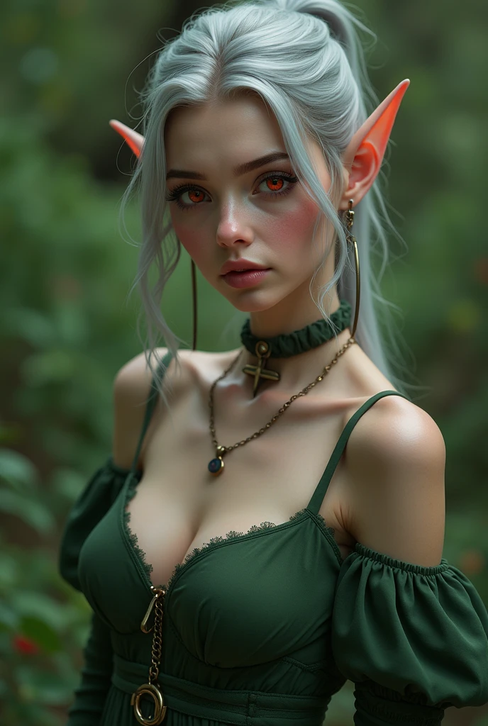 Looking into the camera, the elf girl, 18 years old, wearing a dark dress and outfit, Red eyes, big sweet smile, long white hair tied up, fair skin, masterpiece, wearing a pink gem necklace, wearing black stockings on her hands, wearing a black headband, curvy body posture, old low quality