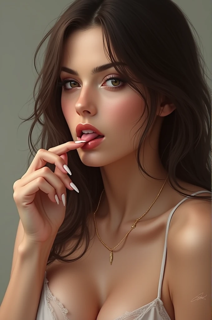 Bright colors, beautiful style, high-quality illustrations, female chin holding hand position, elegant drawing, detailed illustration of clothing and facial features. Sexy 30 years old lady wearing only blouse