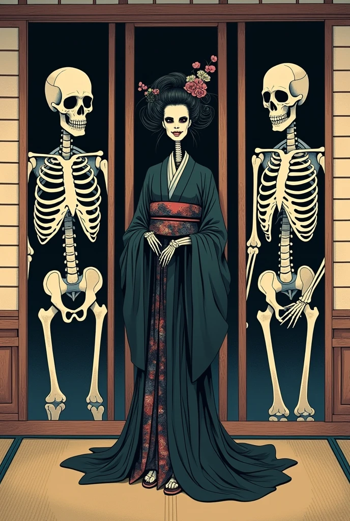 Wear a kimono with a skeleton pattern,Naked Women,Large Breasts,Big Breasts,There is a torii gate in the background.,Genitals are visible,