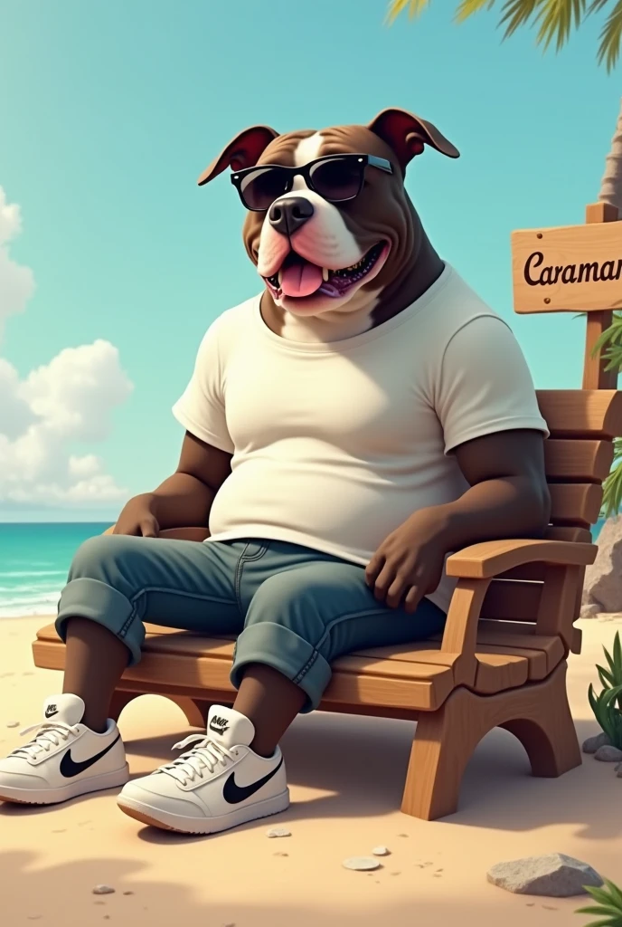 
strong pitbull sitting on a beach chair wearing blue shorts with a glass of beer in his hand
