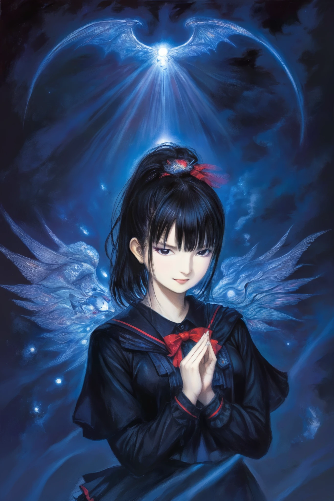 by Yoshitaka Amano, (Broad lighting),  Low Key Lighting, Picturesque, fantasy(  fantasy art , (Yoshitaka Amano)), (Full-length portrait of a woman, suzuka nakamoto xl,  dark ponytail hair, smile,  red eyeshadow), ( black school uniform , black metallic accent , Wings of Light, Blue light), night, Blue Star,  Masterpiece,  dances in the sky