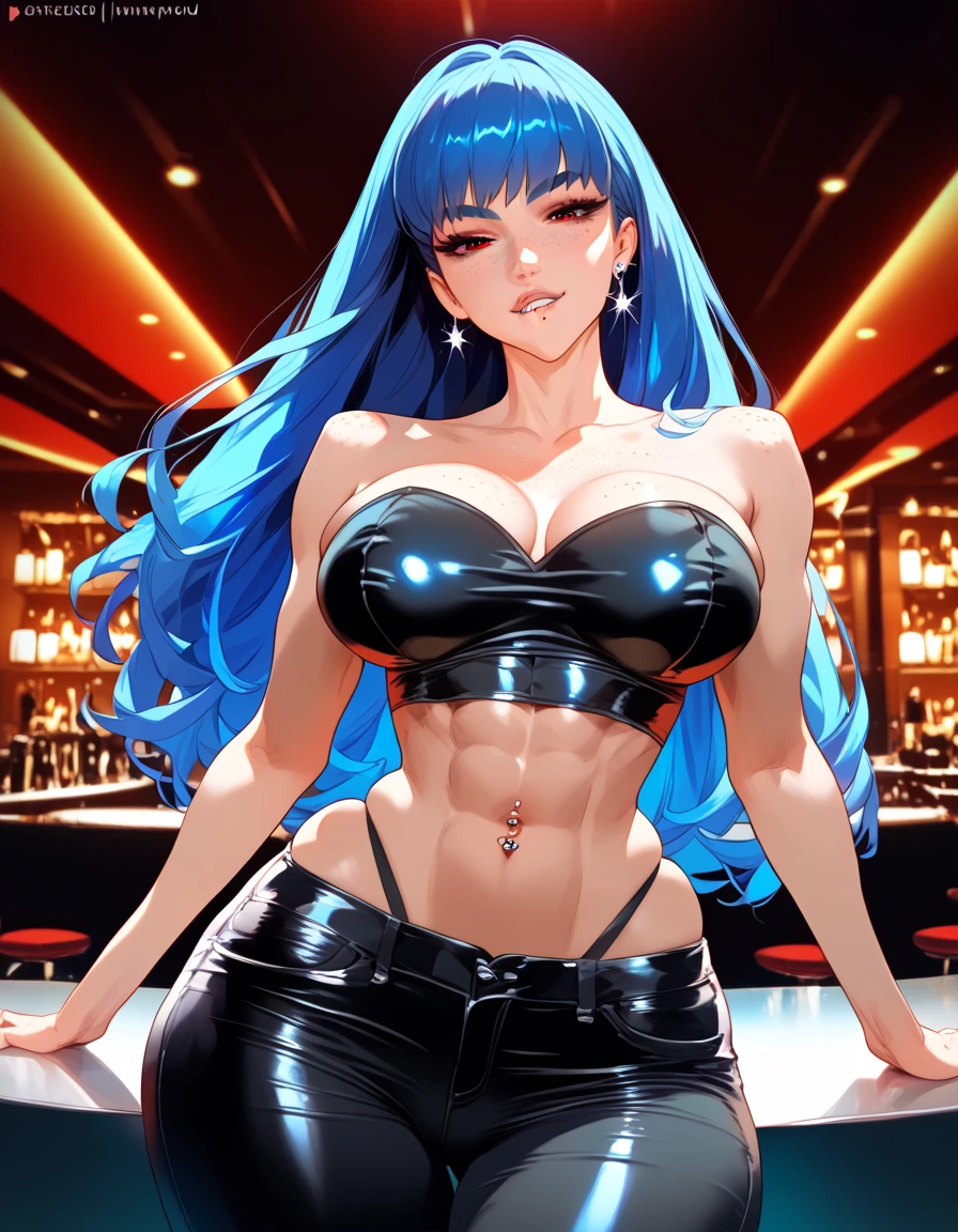 highres, sharp focus, pixiv masterpiece, ((intricate details)), best quality, ultra-detailed, beautiful dj girl, seductive face, bitting lip, bronze skin, freckles, long fringe blue hair, detailed red eyes, slanted eyes, big eyelashes, wide black eyebrows, medium breasts, thin waist, big hips, fit toned figure, strapless crop top, bellybutton piercing, black thong, low waist leather pants, in a club
