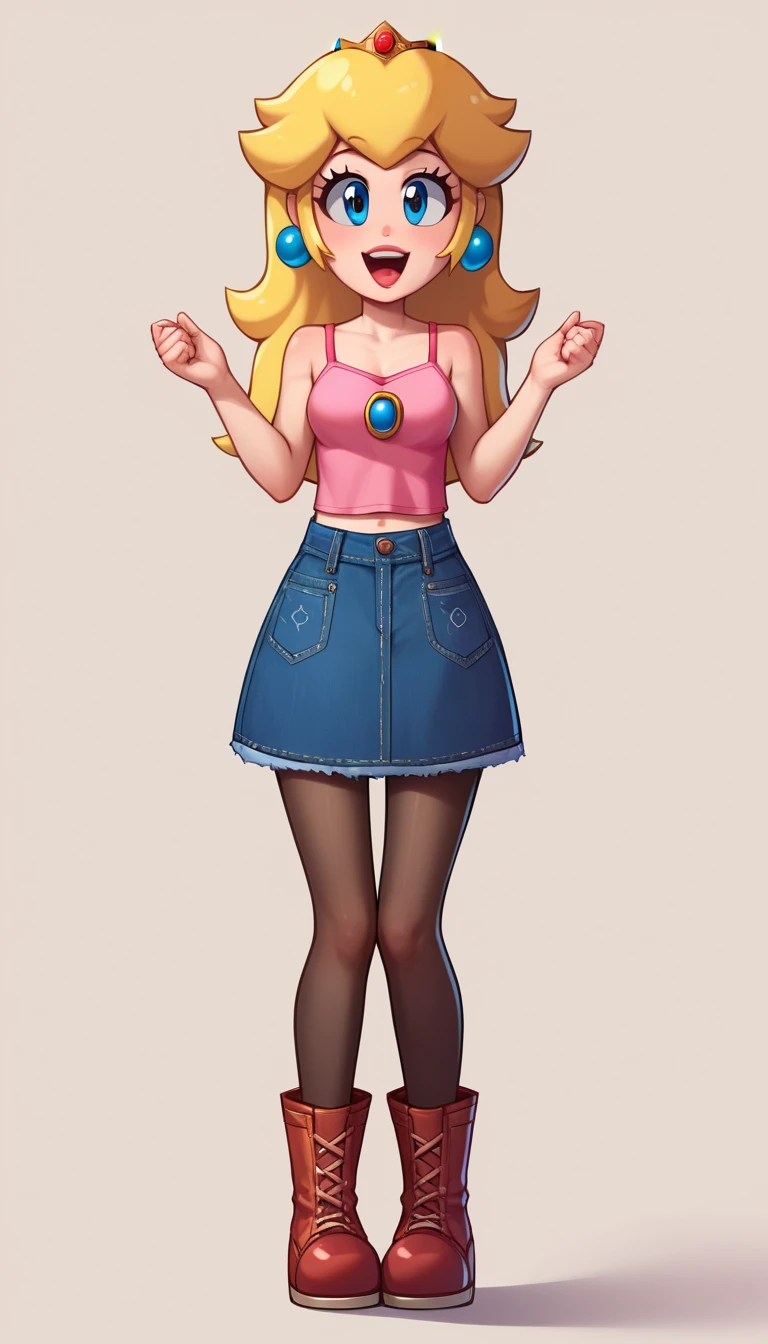 source_anime, anime, anime style, solo, 1girl, full body, Pringus Mcdingus Style, #pringus mcdingus, pringus mcdingus, pringusmcdingus
prngs, princess peach, blond hair, long, denim skirt, pantyhose, pink camisole, small boots,
solo, complete body view, looking at viewer, stand up, standing, from front, Open eyes, front view, happy, jumping