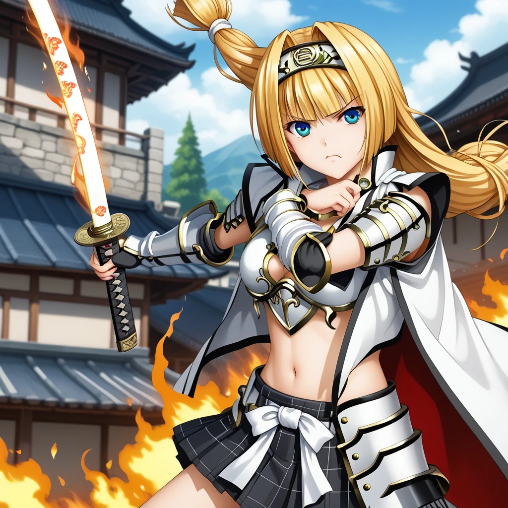 (Ashikaga Yoshiteru,),cute girl, dynamic pose, katana, product, gamecg, detailed, score_7, score_8, score_9, disgust face,, kantoku style, ashikaga_yoshiteru_(sengoku_otome), blonde hair, blue eyes, long hair, breasts, armor, midriff, black skirt, pleated skirt, skirt in plaid skirt,navel, hairband, cape, white bow, gauntlets, Japan's Warring States Period, Burning Castle