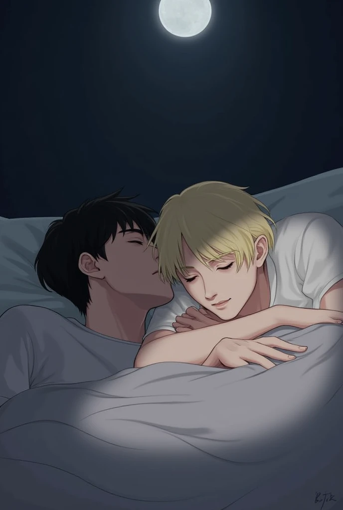 A 170cm tall man with short, center-parted black hair is sitting on the floor with his back against the bed.、Above that is an illustration of a 163cm tall man with medium center-parted blonde hair and mesh, sitting sideways and leaning forward, with his whole body visible.