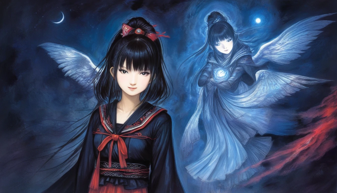 by Yoshitaka Amano, (Broad lighting),  Low Key Lighting, Picturesque, fantasy(  fantasy art , (Yoshitaka Amano)), (Full-length portrait of a woman, suzuka nakamoto xl,  dark ponytail hair, smile,  red eyeshadow), (Black Shrine Maiden Clothes  , black metallic accent , Wings of Light, Blue light), night, Blue Star,  Masterpiece, Start Running