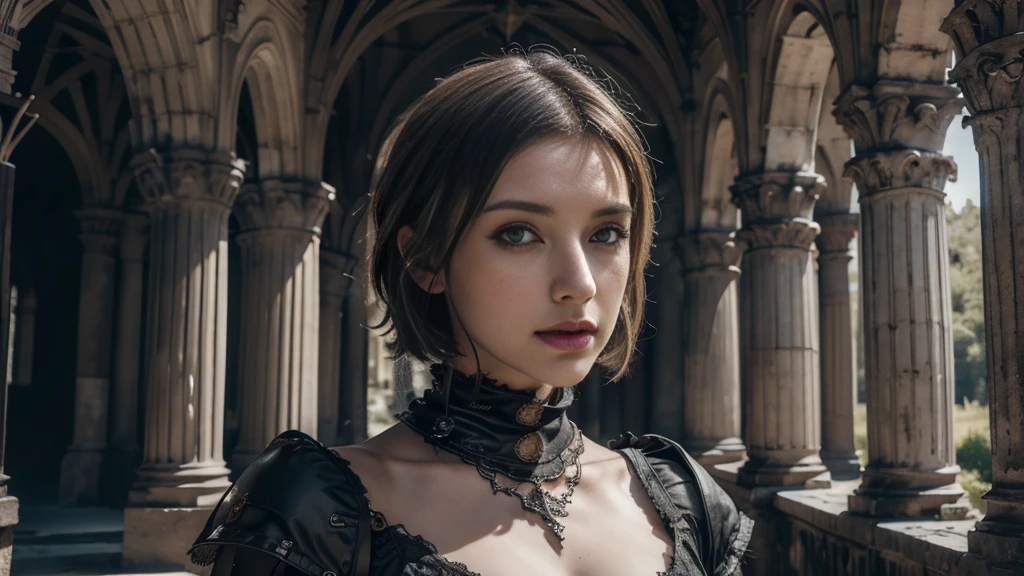 masterpiece, high resolution,8K,(Portrait Photos:1.5),(R Original Photo),Reality,Digital Photography,(Gothic), ancient castles， BEAUTIFUL 20 YEAR OLD WOMAN，Short hair，Keep your mouth shut， Broken Wall Remains，MESCOPE PHOTOGRAPHY ， hollow armor ， Big Breasts 