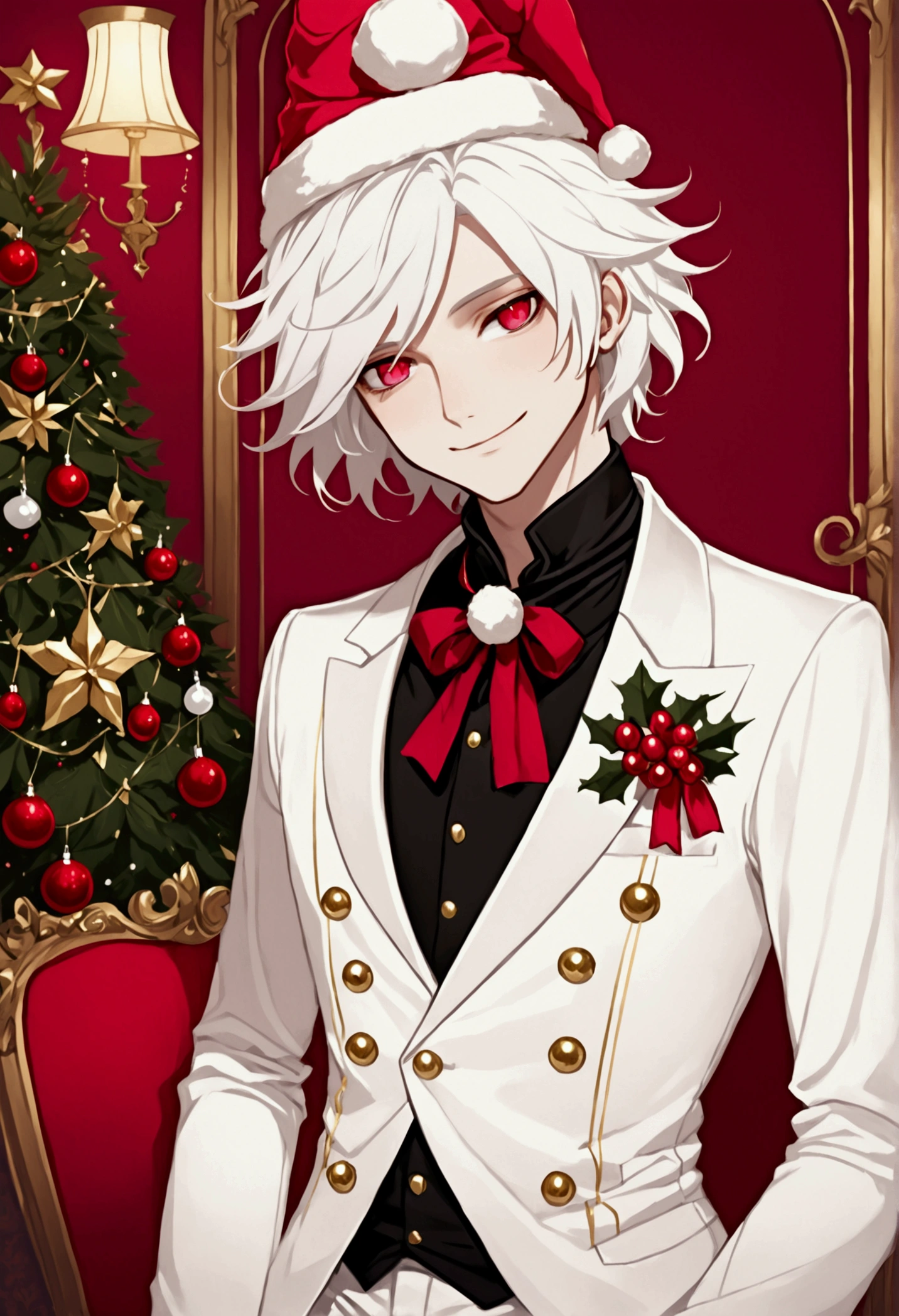  A handsome boy with messy white hair ,  pale skin and ruby eyes ,  he is in the middle of a beautiful Christmas room ,  he wears a seductive and confident look ,  in addition to a trusting and perverted smile , He wears elegant Christmas clothes ,  plus some beautiful gold flowers on his Christmas hat,  he wears white clothes with red details .