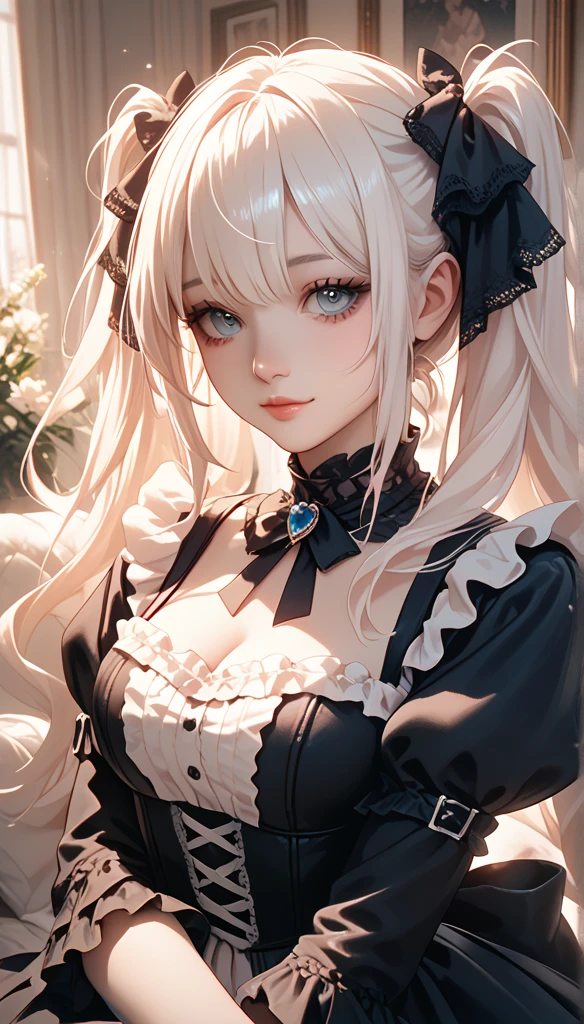 at home,  1 girl at home, Gentle face, Twin ponytails, Gentle face,  Gothic Lolita ,  based on white clothes,Long hair, White hair, 