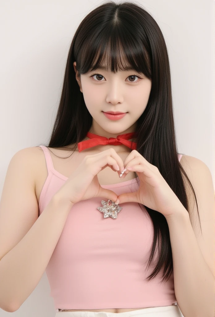 masterpiece, best quality, A young, vey thin body, Korean woman with long straight black hair and blunt bangs smiles at the camera. She have light-brown eyes, she wears a pink top, sleeveless, adorned with a diamond star brooch and a red ribbon tied around her neck. Her hands form a heart shape in front of her chest, showcasing long, expertly manicured nails. A high-waisted white pants. The background is softly blurred, focusing attention on her pose and expression.