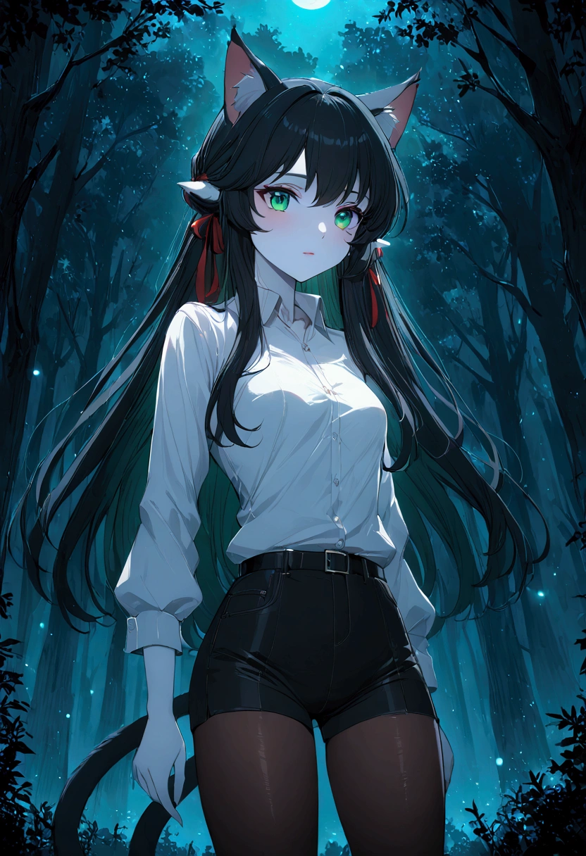 Girl. Catgirl. Anime style. 4k. 8k. Best quality. Black long hair. Puffy ears. Cat tail, Black fur. Green eyes. White skin. Small breasts. Red Ribbon on her hair. Wearing a white button-down shirt, black shorts and long pantyhose. Background is a night in a forest.