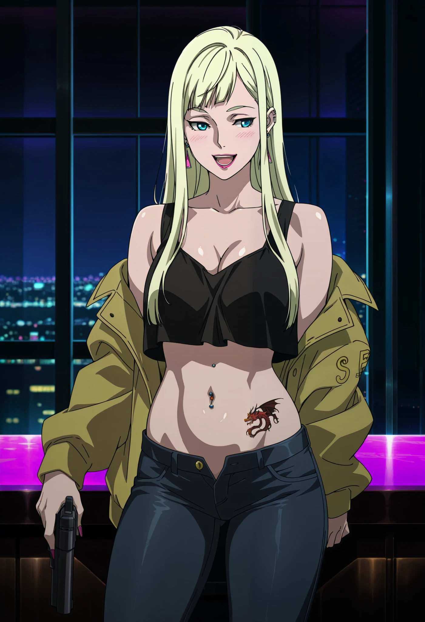 1girl,solo,Andalucia,blonde hair,long hair,blue eyes,earrings,anime coloring,
ear piercing, long hair, blush, lipstick,Hot girl, sensual, attractive,  indoors, bar background, inside bar, quality,4k, bare shoulder,belly,crop top,holding pistol,cleavage, unbuttoned shirt,shirt, knot, indoor,smile, open mouth, (nsfw) not safe for work, evil expression, exposed belly, exposed navel, exposed midriff, exposed lower belly, crop top overhang, underboob,jacket, unbuttoned jeans , low rise black jeans, Low rise jeans, Low rise jeans with open fly, cityscape, building, nightclub, city lights, dragon tattoo, tattoo on body, tattoo midriff, tattoo, shiny skin,navel piercing