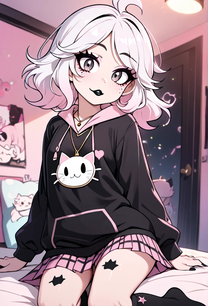 1girl, emberlynn pinkle, hood, pink skirt, black eyeliner, white hair, black tights, black nails, solo, masterpiece, best quality, (anime art style:1.0),emberlynn, white hair, multicolored hair, black eyes, black lips, freckles, pink eyeshadow, shortstack, petite, short hair, black hoodie, pink hood, hood down, pink skirt, pleated skirt, plaid skirt, miniskirt, over-kneehighs, black socks, animal ear legwear, cat ear legwear, looking at viewer, light smile, upper body, blush, half-closed eyes, heart, (pendant, necklace, pentagram), parted lips,