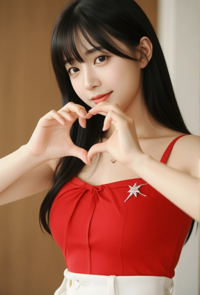 masterpiece, best quality, A young, vey thin body, Korean woman with long straight black hair and blunt bangs smiles at the camera. She have light-brown eyes, she wears a red top, sleeveless, adorned with a diamond star brooch and a red ribbon tied around her neck. Her hands form a heart shape in front of her chest, showcasing long, expertly manicured nails. A high-waisted white pants. The background is softly blurred, focusing attention on her pose and expression, soft light,