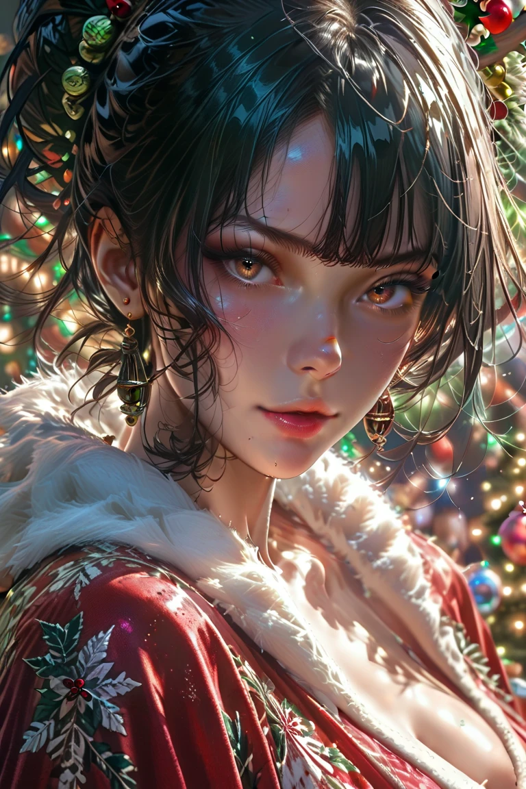 A very beautiful mamanuela with black hair red eyes very big and busty at a very perfect Christmas party good lighting without errors or flaws