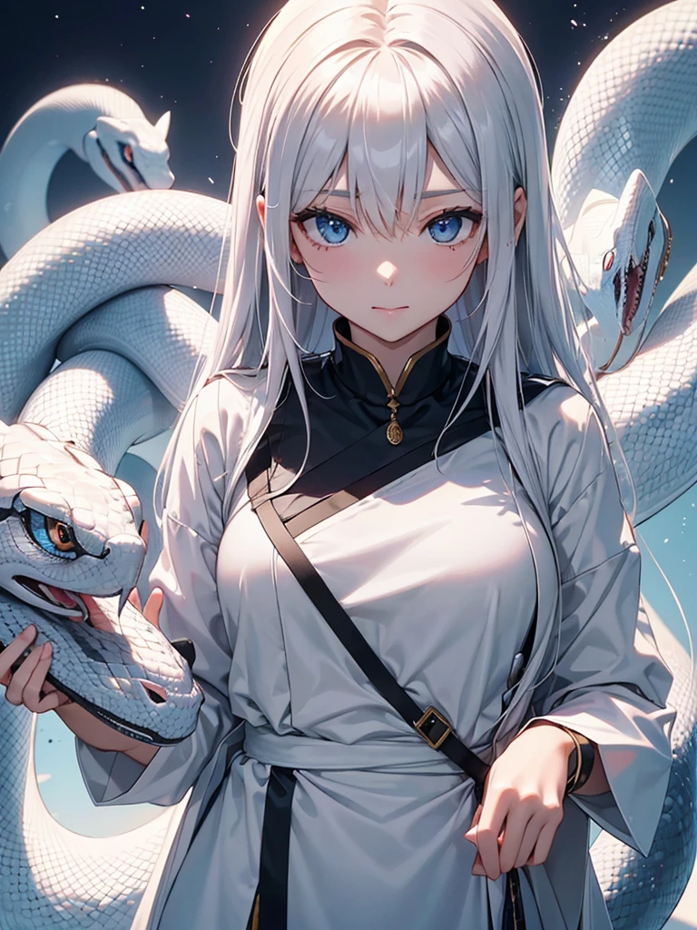1girl, branch, chromatic aberration, dragon, dragon print, eastern dragon, green eyes, hair ornament, hairclip, hands up, head tilt, japanese clothes, kimono, limited palette, long hair, long sleeves, looking at viewer, obi, parted lips, pine tree, plant, print kimono, sash, solo, teeth, tree, upper body, white hair, white kimono, white sash, white theme, snake, bangs, new year, wide sleeves,<lora:mina_loha_v1a:1>